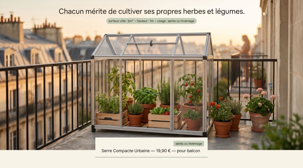 Mini-serre installée sur un balcon parisien en béton brut, lumière de fin d'après-midi